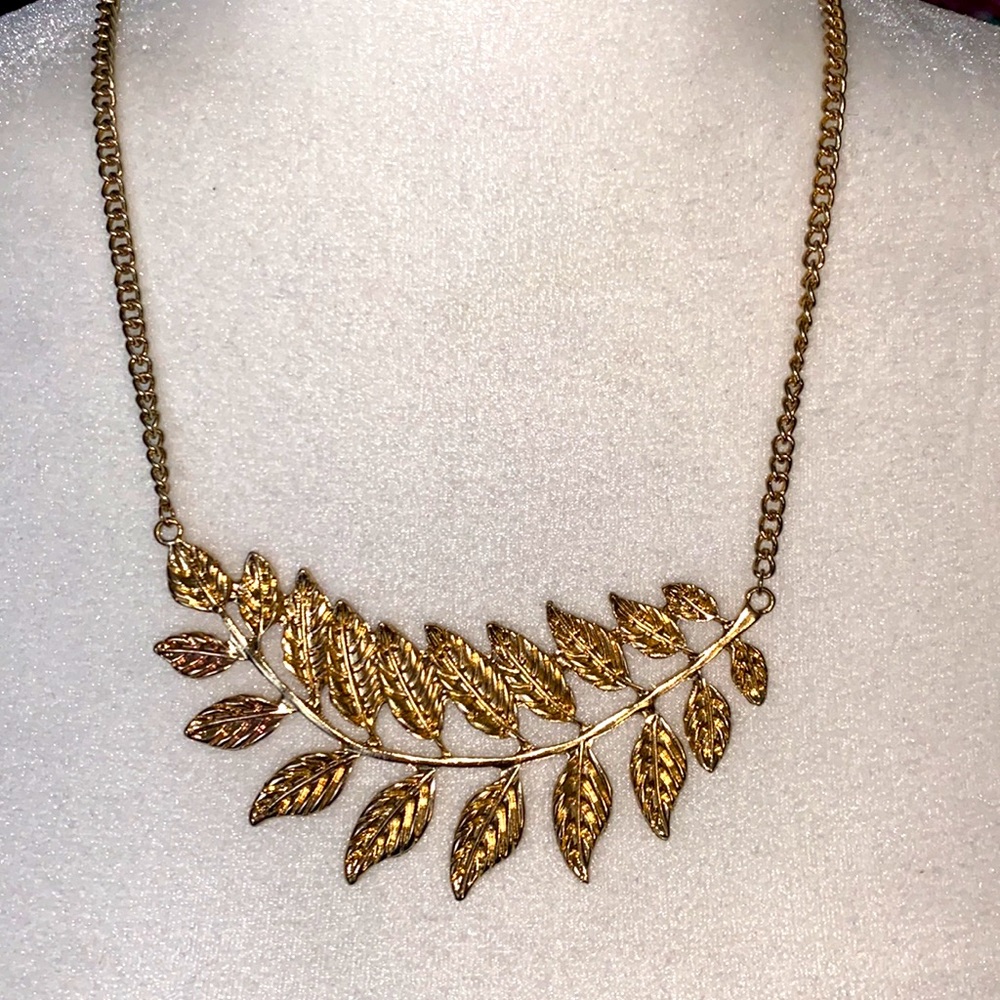 Gold Olive Leaf Bib Statement Necklace